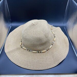 J Hats Straw Sun Floppy Packable Beige Natural Beaded Clean Beach Travel Vacay